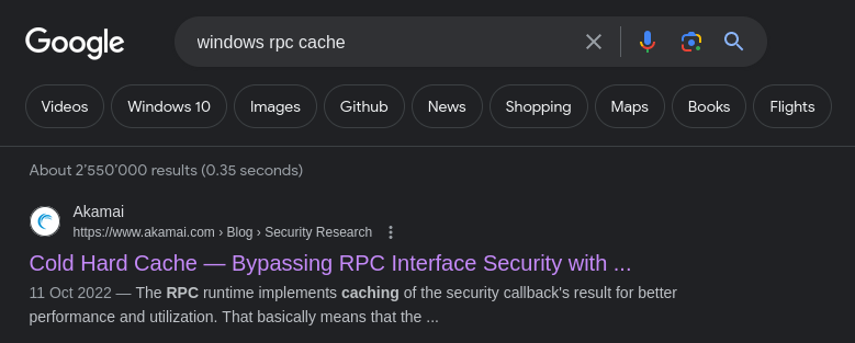 Google search with the keywords "windows rpc cache"