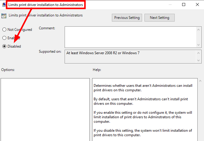 Configuring the policy "Limits print driver installation to Administrators"