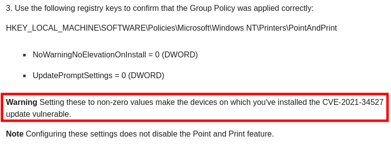 Warning about Point and Print security prompts settings